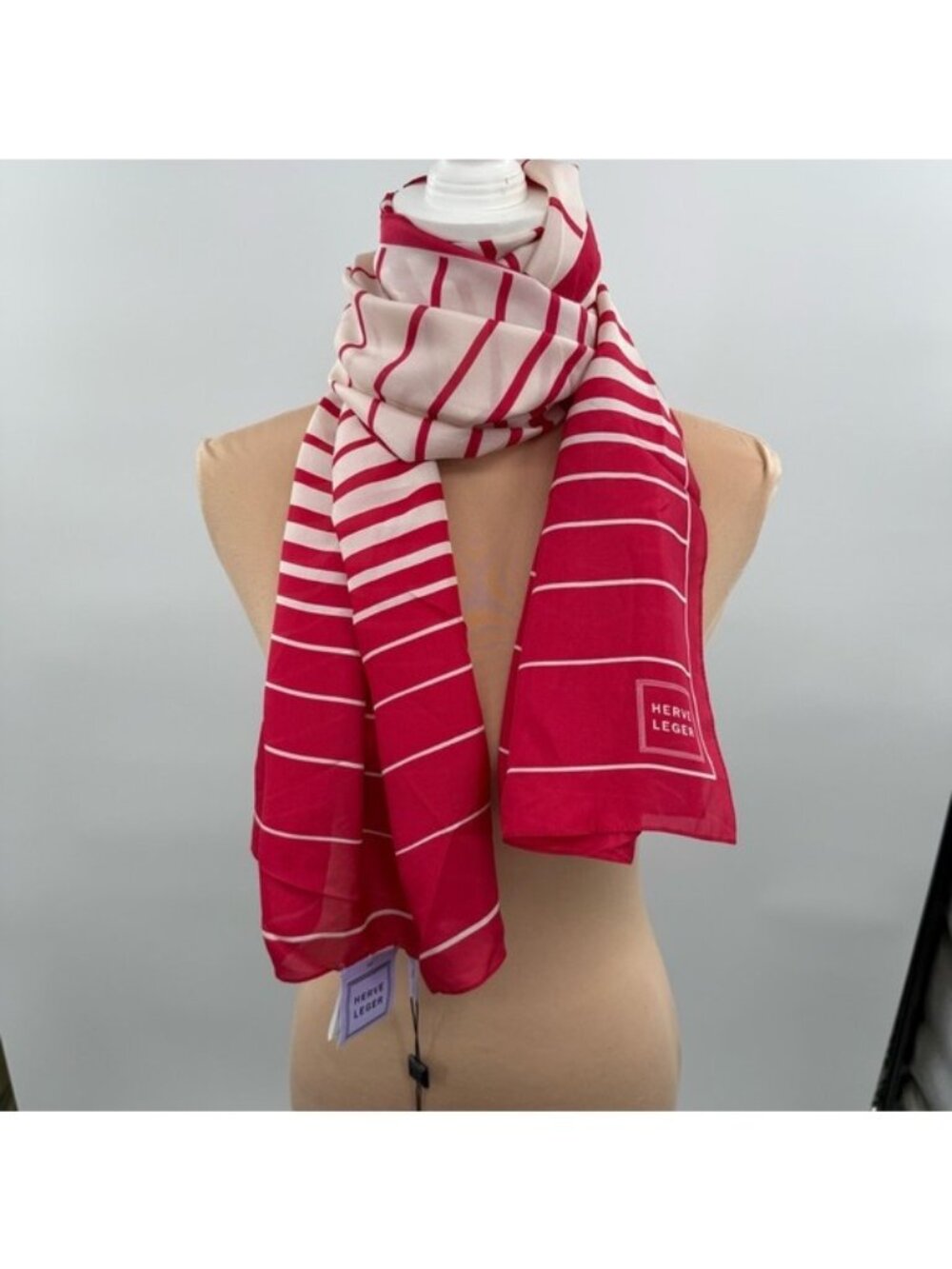 Herve Leger 100% Silk Striped Scarf Red White OS New With Tags